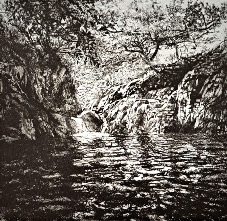 Drypoint etching of a waterfall in the Lake District, Galleny Force