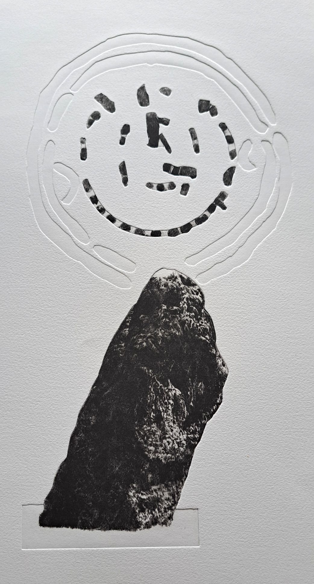 A drypoint and blind embossed etching of the Heel Stone, Stonehenge