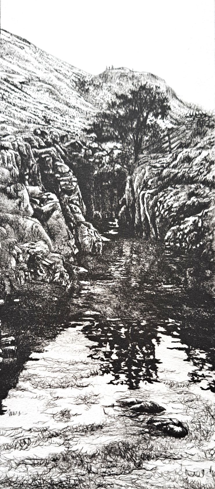 Drypoint etching of Black Moss Pot in Langstath, the Lake District