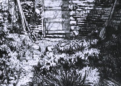 A black and white drypoint etching of a walled garden overlooking a harbour with sailing boats